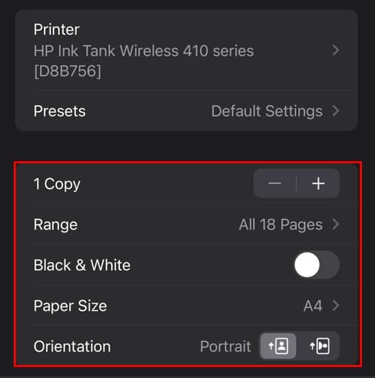 set the printing preference on iphone