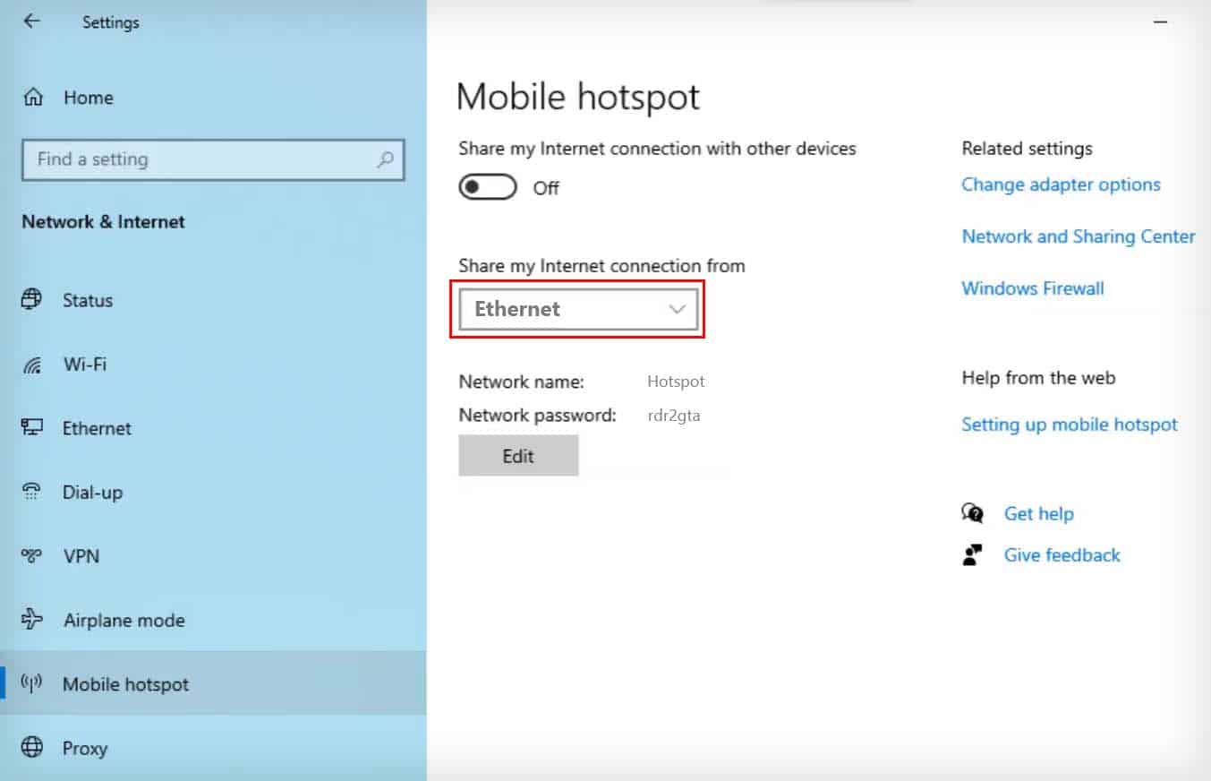 share my internet connection from win 10