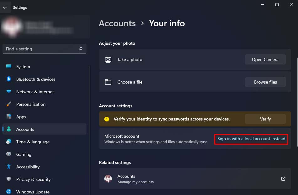 sign in with a local account instead