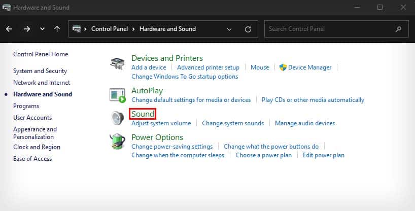 sound in control panel