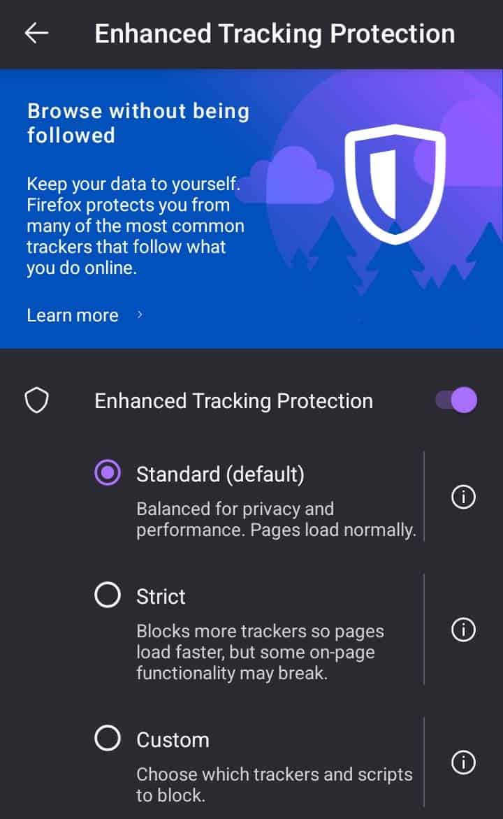 standard enhanced tracking protection firefox mobile