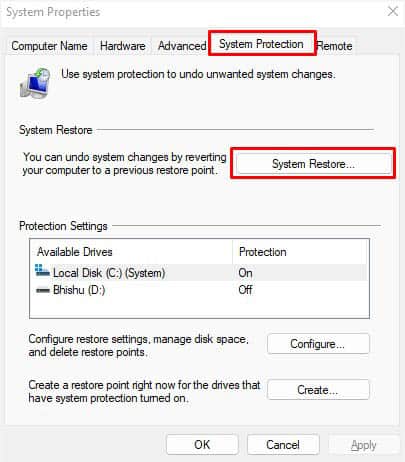 system protection system restore