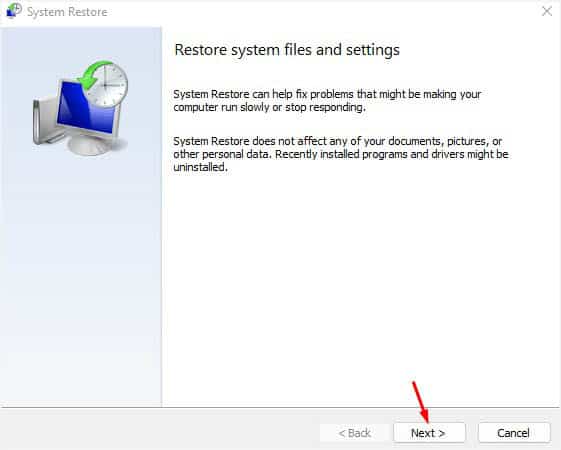 system restore first screen next