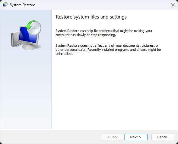 system restore window problem resetting the pc