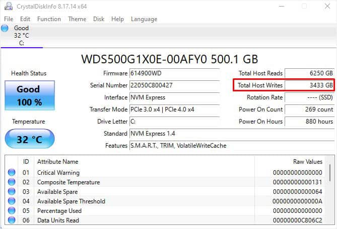 total host writes in crystal disk info