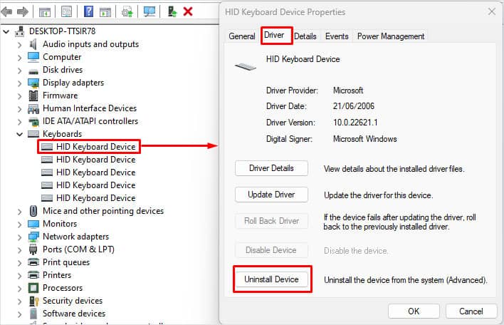 uninstall keyboard driver