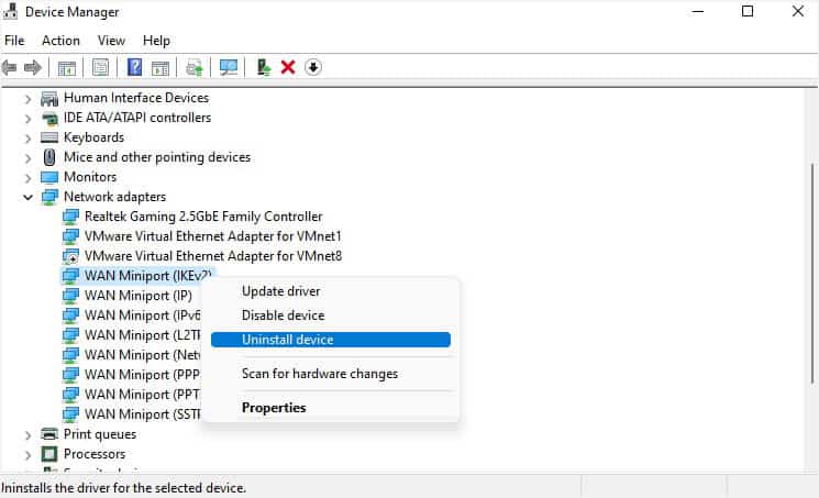 uninstall wan miniport driver