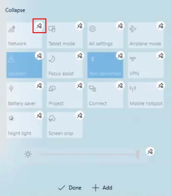 unpin quick actions in windows 10