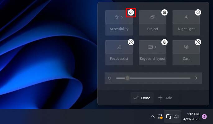unpin quick settings from windows 11 action center