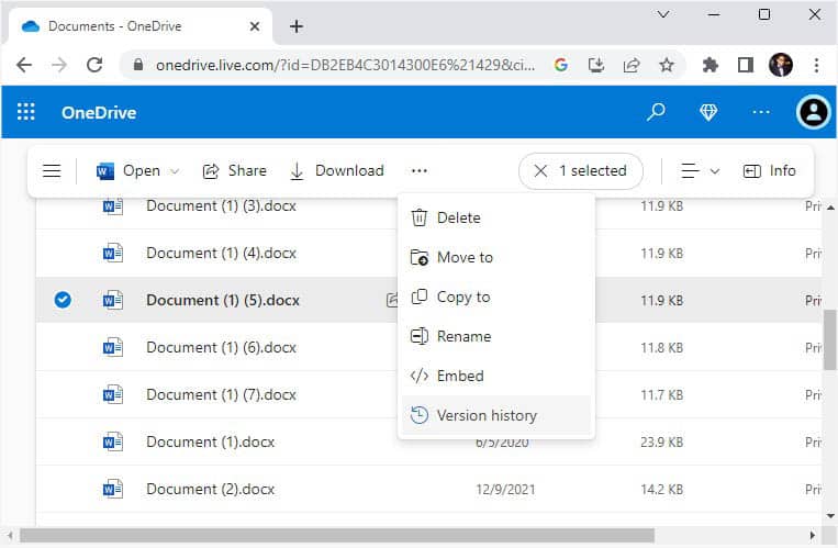 version history in onedrive