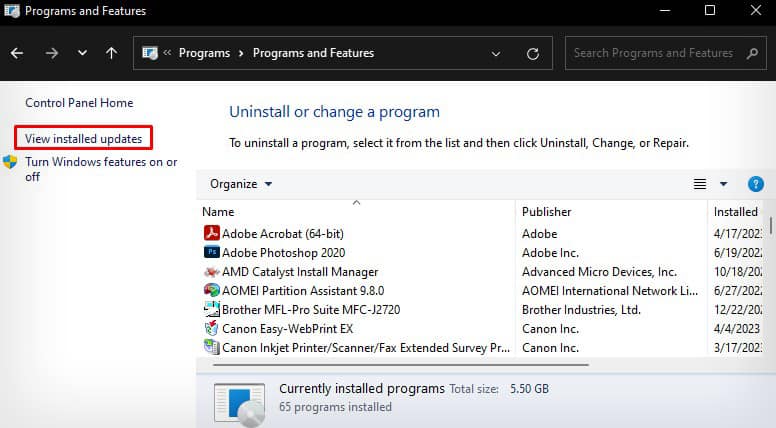 view-installed-updates-inside-control-panel