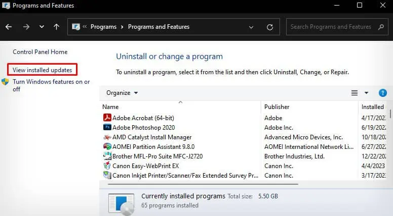 view-installed-updates-inside-control-panel