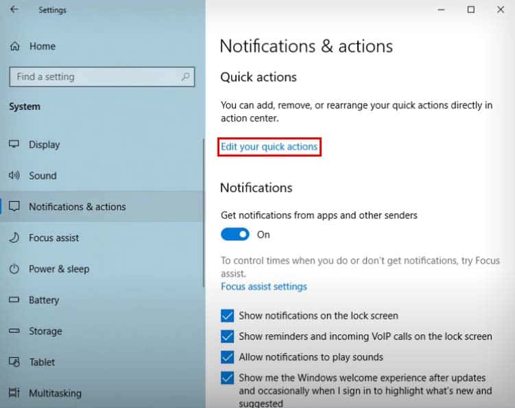 windows 10 edit your quick actions