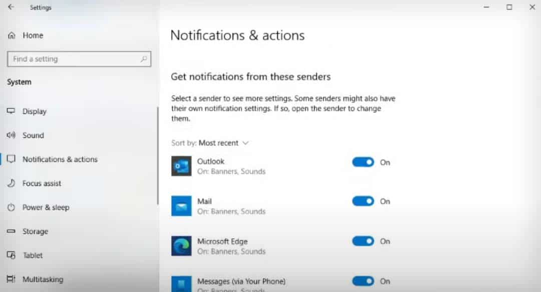 windows 10 get notifications from these sender