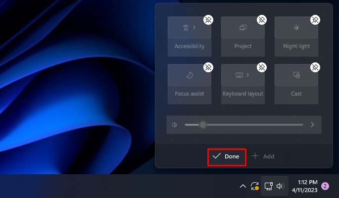 windows 11 action center edit quick settigns done