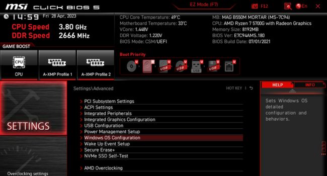 configuración del sistema operativo windows