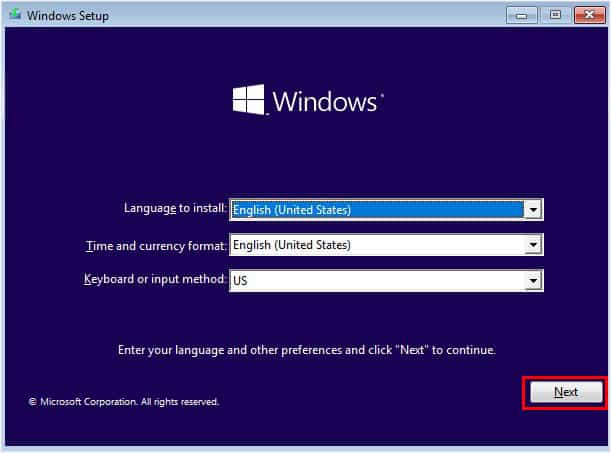 windows setup first screen next