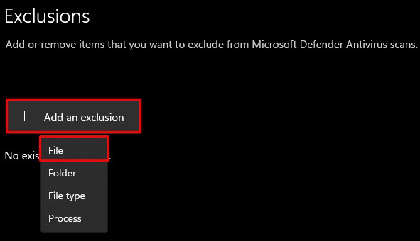 add an exclusion antimalware
