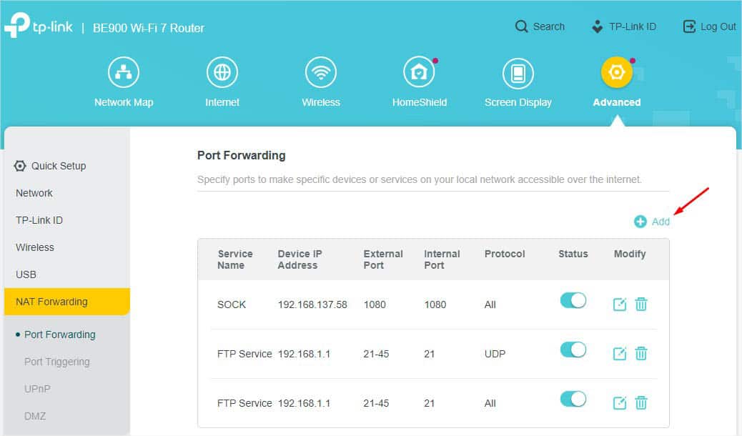add button in port forwarding tplink