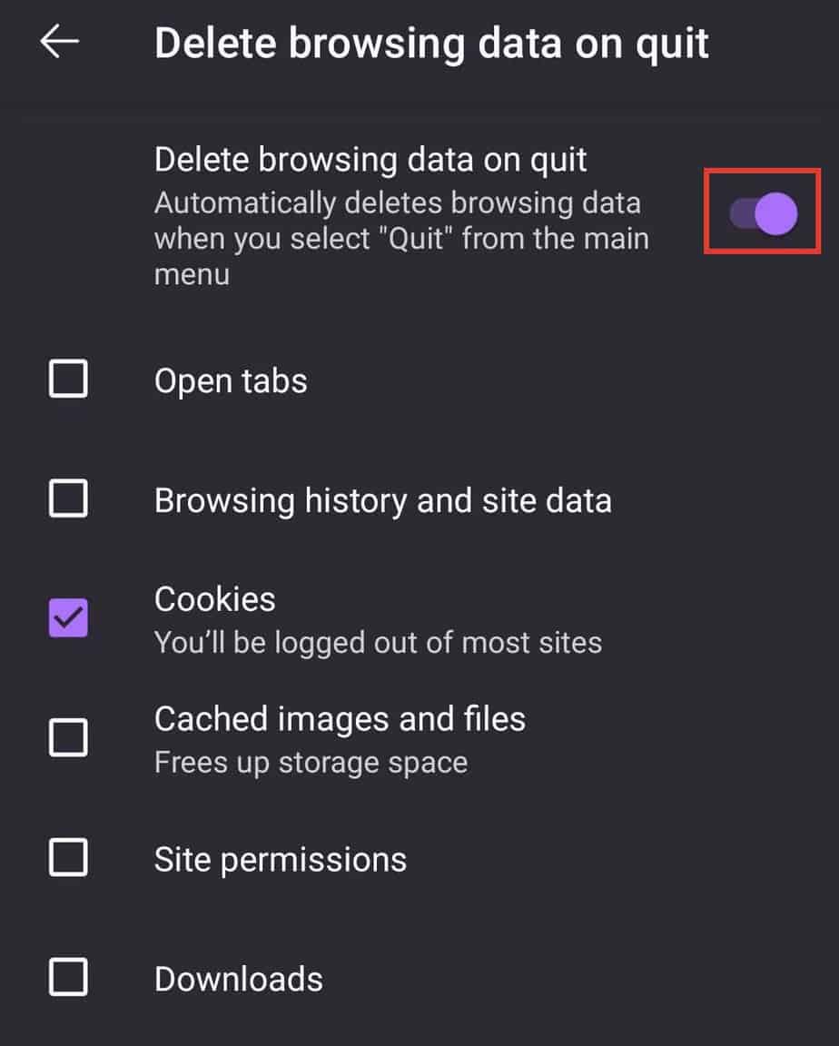 anroid firefox enable delete browsing data on quit