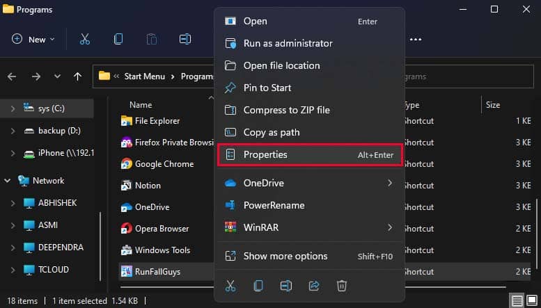 application shortcut properties
