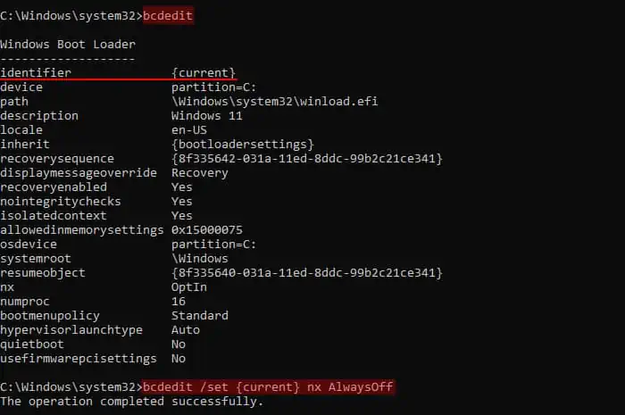 Fix: EXCEPTION_ACCESS_VIOLATION Error 16 bcdedit-set-current-nx-alwaysoff
