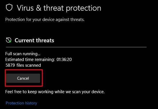 cancel full scan virus and threat protection