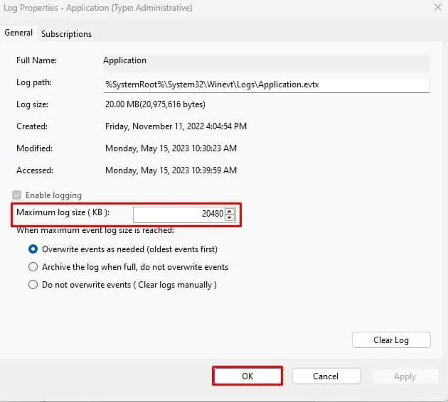 How to Check Event Logs on Windows 18 change-maximum-log-size