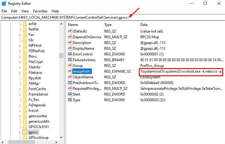 check gpsvc imagepath