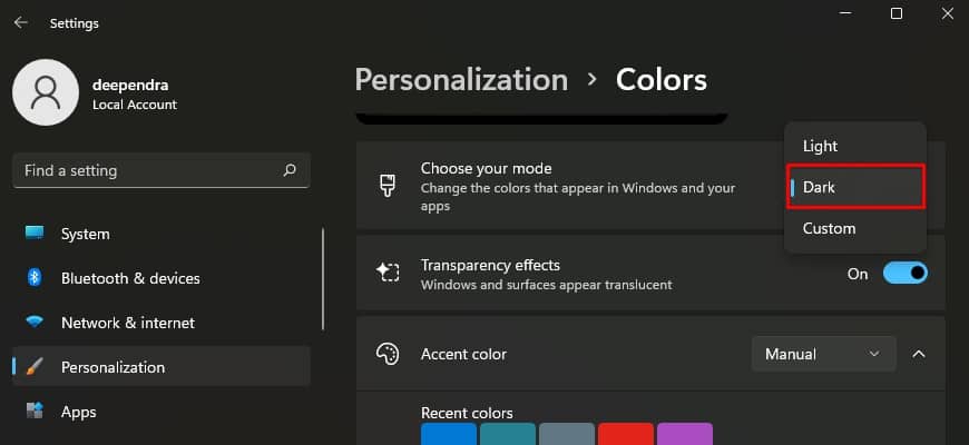 choose dark in choose your mode