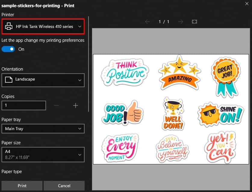 choose printer from printer drop down