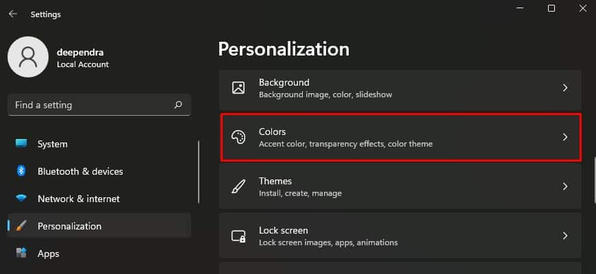 click colors menu