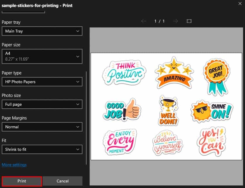 click print button to print stickers