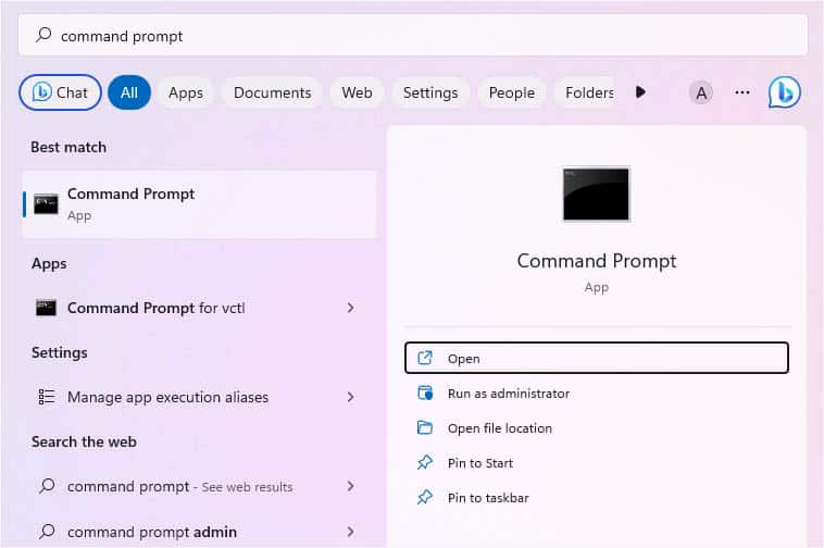 command prompt from start menu