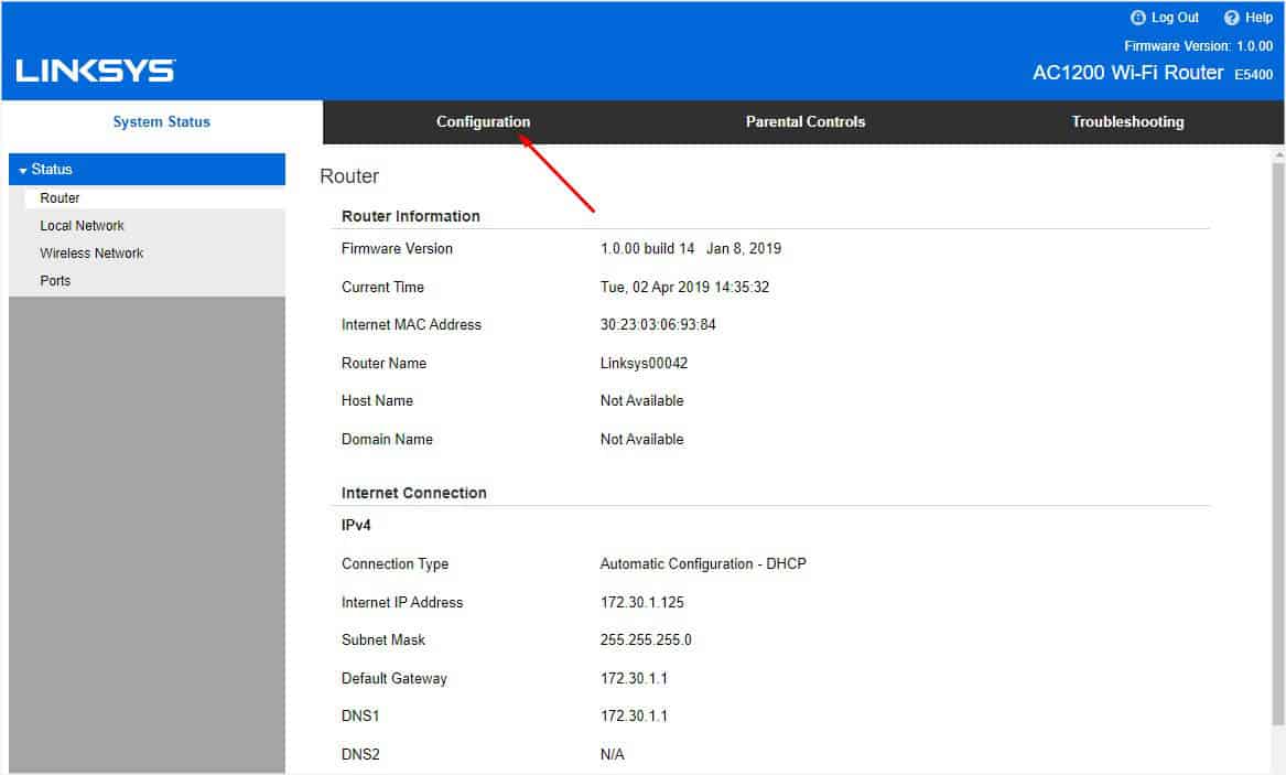 configuration tab linksys