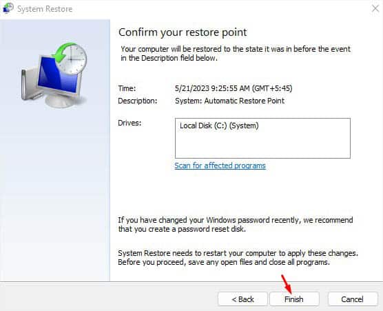confirm restore point finish