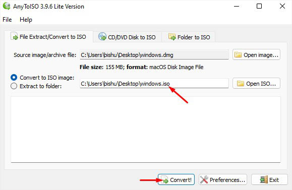 convert selected dmg file