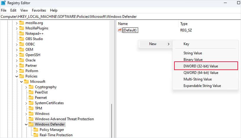 create d word value antimalware service