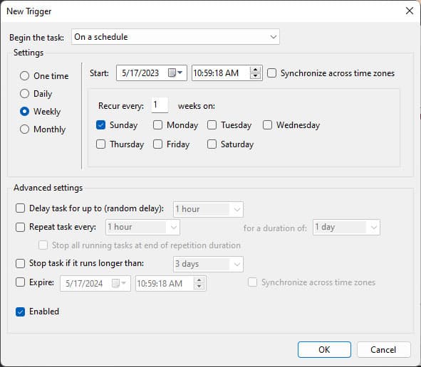 create new task trigger antimalware service