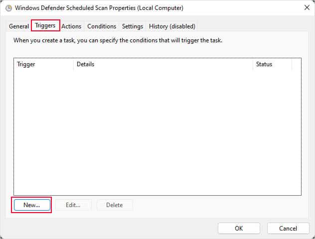 create new triggers defender scan