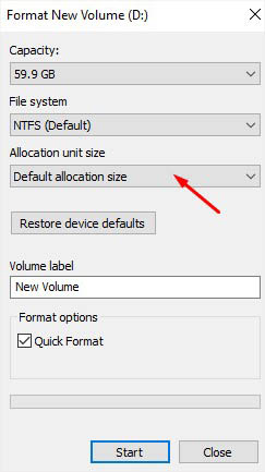 default allocation size