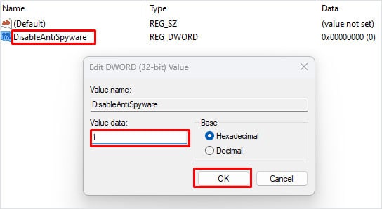 disable anti spyware regedit key
