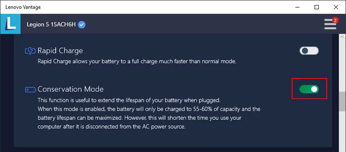 disable conservation mode lenovo plugged in not charging