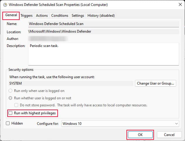 disable run with highest previlage scheduled scan