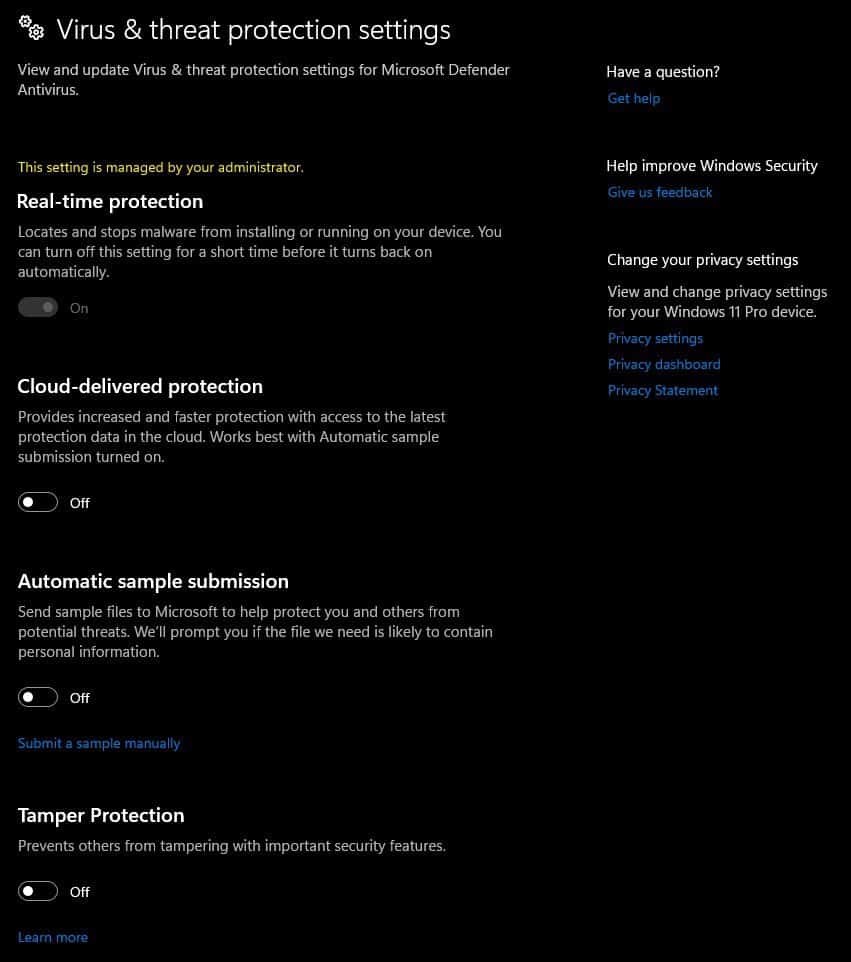 disable virus and threat protection features