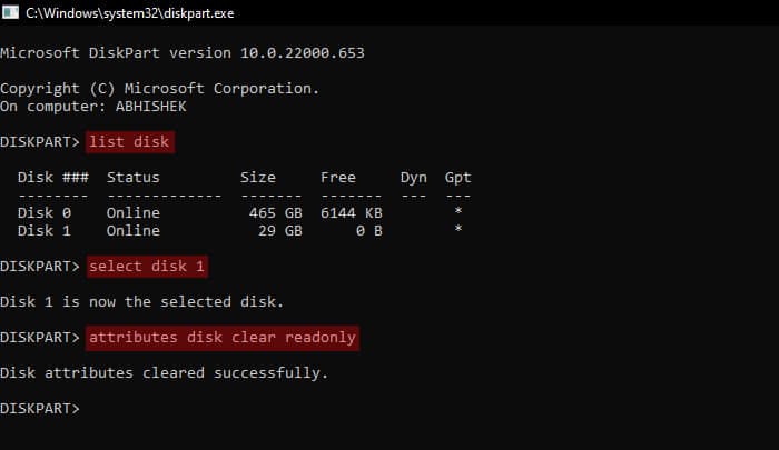diskpart-list-disk-select-disk-attributes-disk-clear-readonly-write-protection-disable