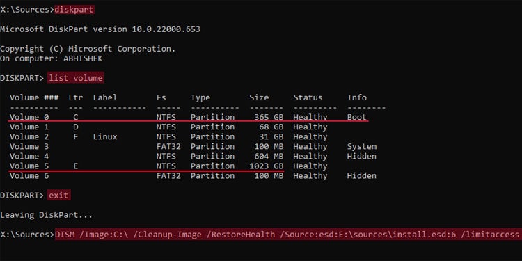 diskpart list volume exit dism image source