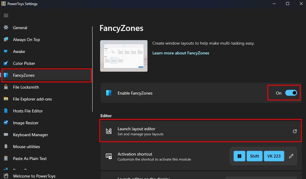 enable and launch fancyzones