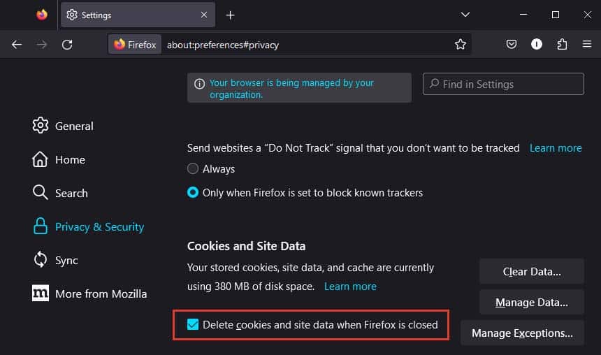 enable delete cookies and site data when firefox is closed