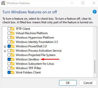 enable windows sandbox from windows features